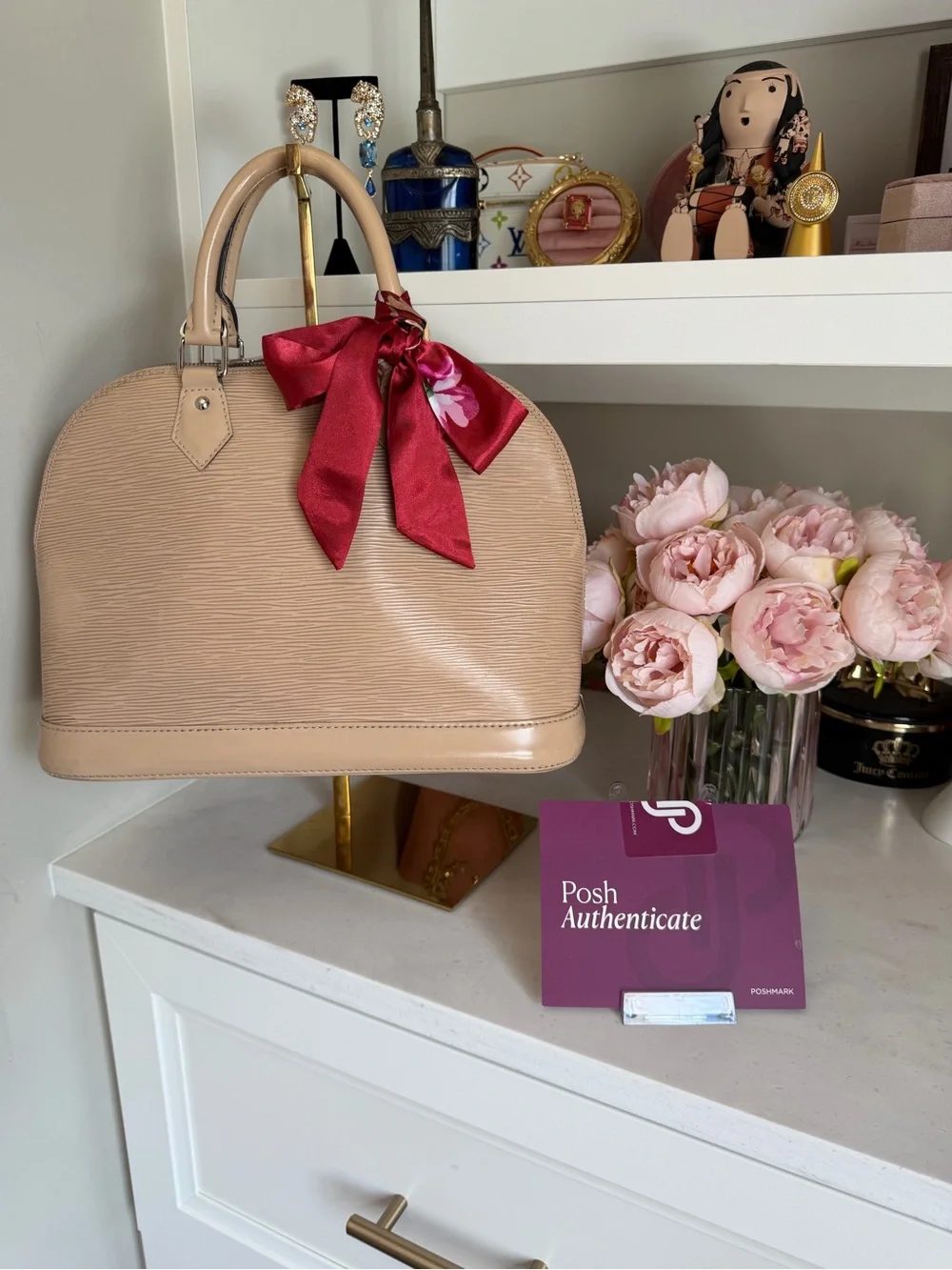 Louis Vuitton Nude Epi Leather Alma Dome Satchel with Red Scarf Accent